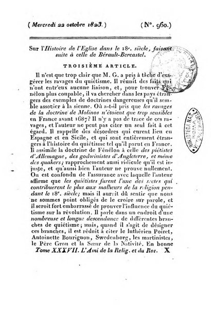 L'ami de la religion et du roi journal ecclesiastique, politique et litteraire