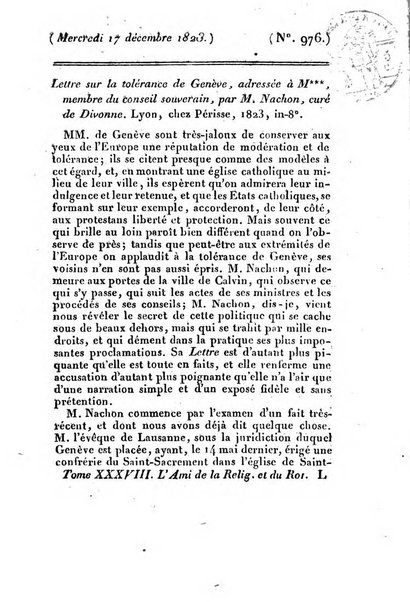 L'ami de la religion et du roi journal ecclesiastique, politique et litteraire