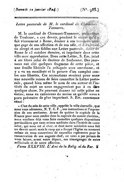 L'ami de la religion et du roi journal ecclesiastique, politique et litteraire