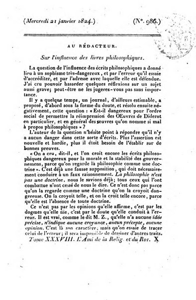 L'ami de la religion et du roi journal ecclesiastique, politique et litteraire