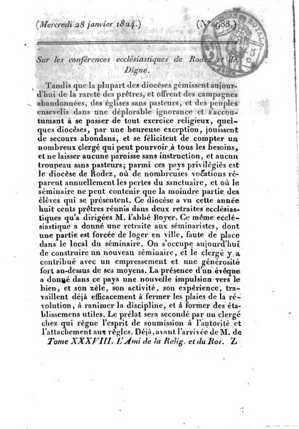 L'ami de la religion et du roi journal ecclesiastique, politique et litteraire