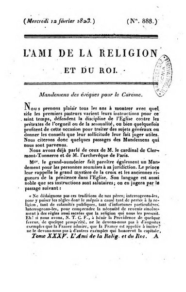 L'ami de la religion et du roi journal ecclesiastique, politique et litteraire