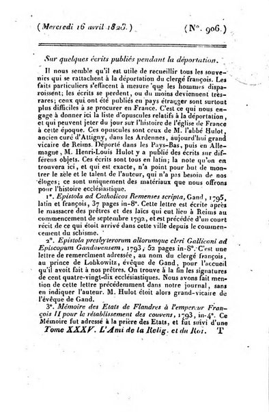 L'ami de la religion et du roi journal ecclesiastique, politique et litteraire