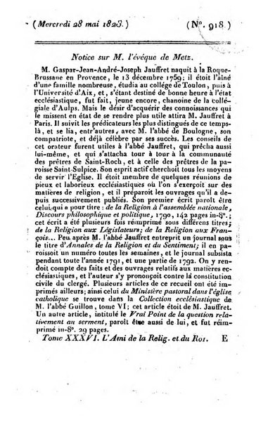 L'ami de la religion et du roi journal ecclesiastique, politique et litteraire