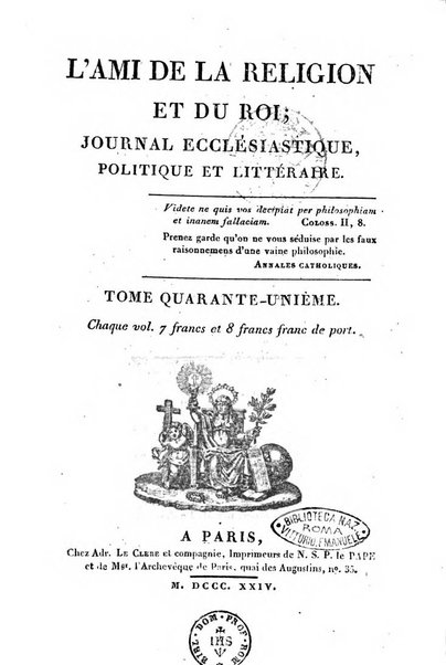 L'ami de la religion et du roi journal ecclesiastique, politique et litteraire