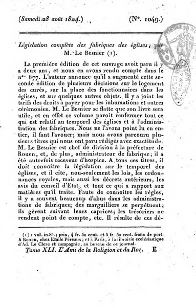 L'ami de la religion et du roi journal ecclesiastique, politique et litteraire