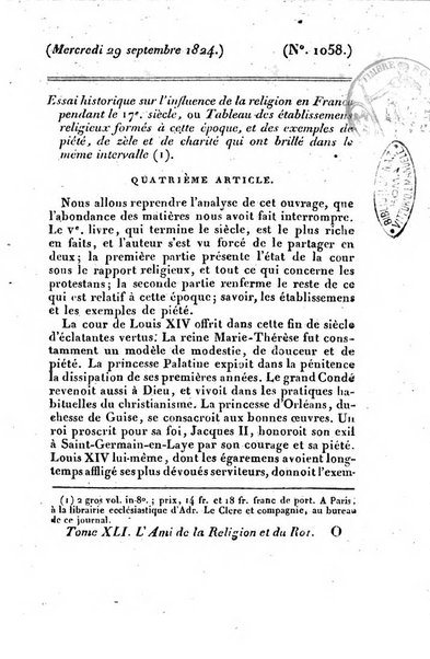 L'ami de la religion et du roi journal ecclesiastique, politique et litteraire