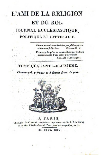 L'ami de la religion et du roi journal ecclesiastique, politique et litteraire