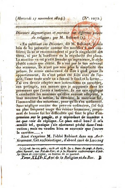 L'ami de la religion et du roi journal ecclesiastique, politique et litteraire