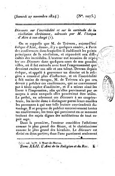 L'ami de la religion et du roi journal ecclesiastique, politique et litteraire