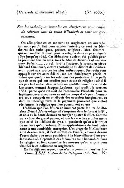 L'ami de la religion et du roi journal ecclesiastique, politique et litteraire