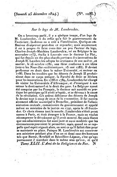 L'ami de la religion et du roi journal ecclesiastique, politique et litteraire