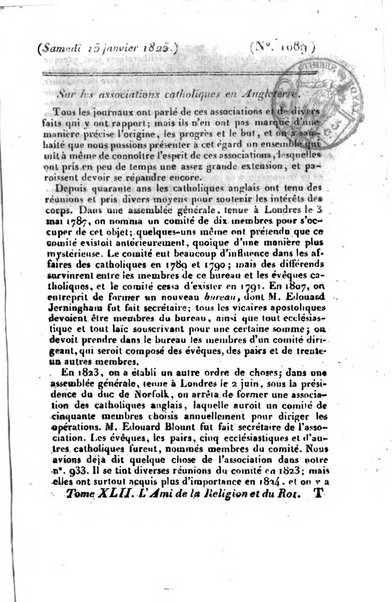 L'ami de la religion et du roi journal ecclesiastique, politique et litteraire