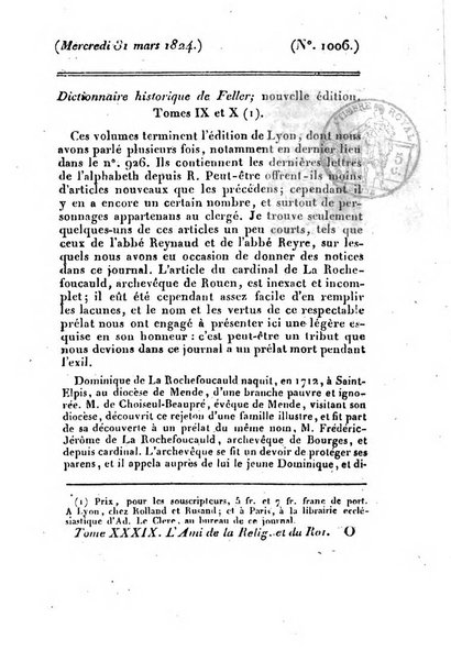 L'ami de la religion et du roi journal ecclesiastique, politique et litteraire