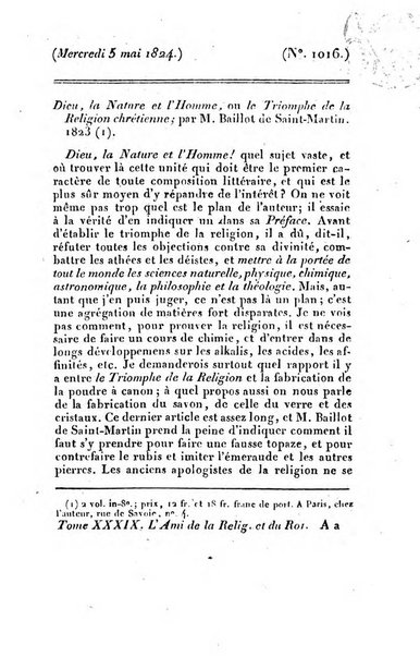 L'ami de la religion et du roi journal ecclesiastique, politique et litteraire