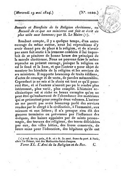 L'ami de la religion et du roi journal ecclesiastique, politique et litteraire