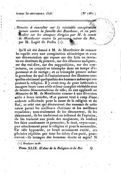 L'ami de la religion et du roi journal ecclesiastique, politique et litteraire