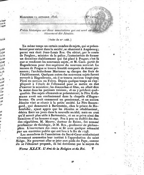 L'ami de la religion et du roi journal ecclesiastique, politique et litteraire