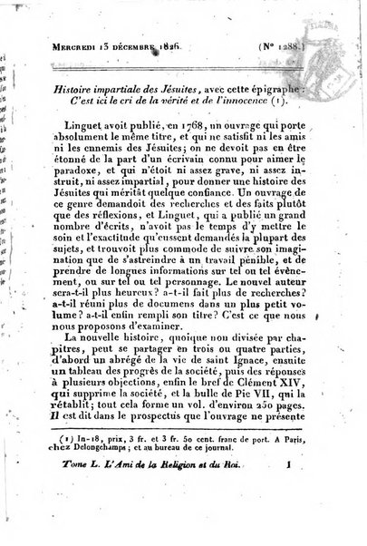 L'ami de la religion et du roi journal ecclesiastique, politique et litteraire