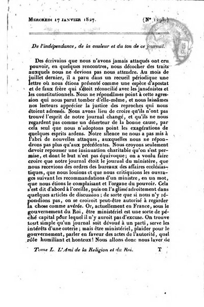 L'ami de la religion et du roi journal ecclesiastique, politique et litteraire