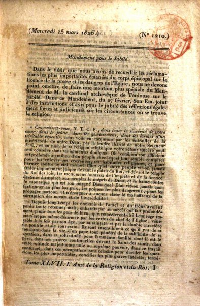 L'ami de la religion et du roi journal ecclesiastique, politique et litteraire