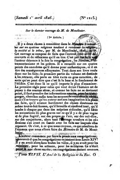 L'ami de la religion et du roi journal ecclesiastique, politique et litteraire