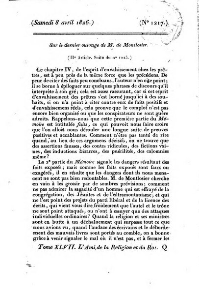 L'ami de la religion et du roi journal ecclesiastique, politique et litteraire