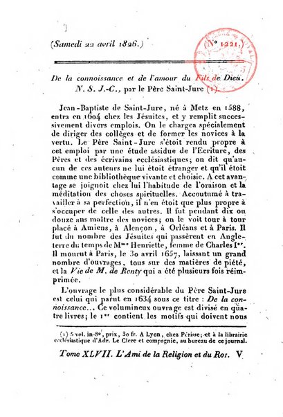 L'ami de la religion et du roi journal ecclesiastique, politique et litteraire