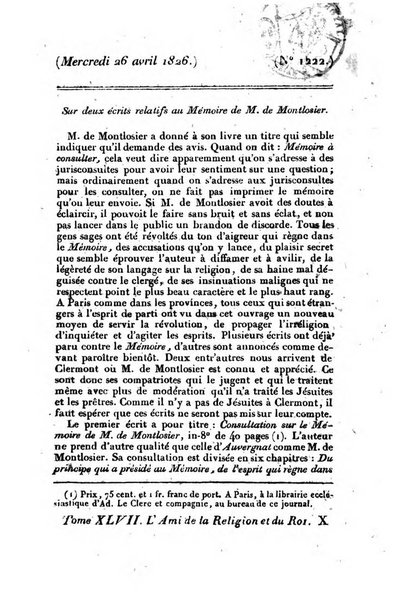 L'ami de la religion et du roi journal ecclesiastique, politique et litteraire