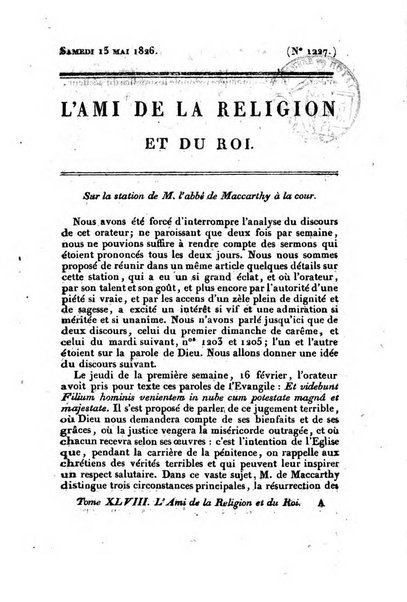 L'ami de la religion et du roi journal ecclesiastique, politique et litteraire