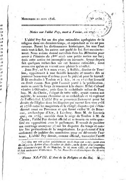 L'ami de la religion et du roi journal ecclesiastique, politique et litteraire