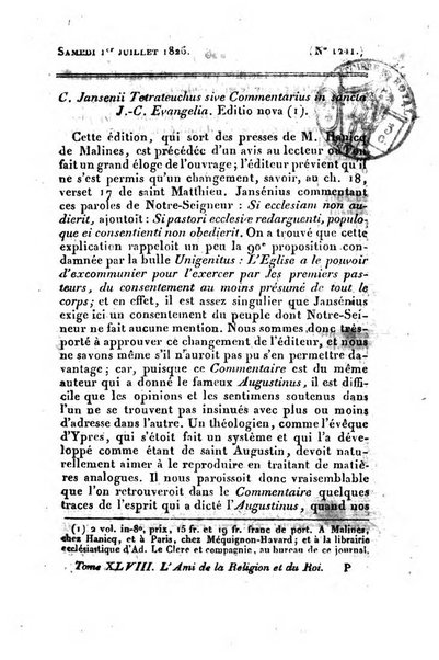 L'ami de la religion et du roi journal ecclesiastique, politique et litteraire