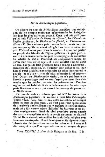 L'ami de la religion et du roi journal ecclesiastique, politique et litteraire