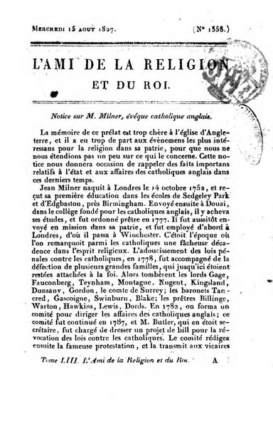 L'ami de la religion et du roi journal ecclesiastique, politique et litteraire