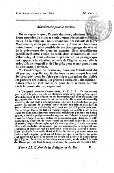 L'ami de la religion et du roi journal ecclesiastique, politique et litteraire