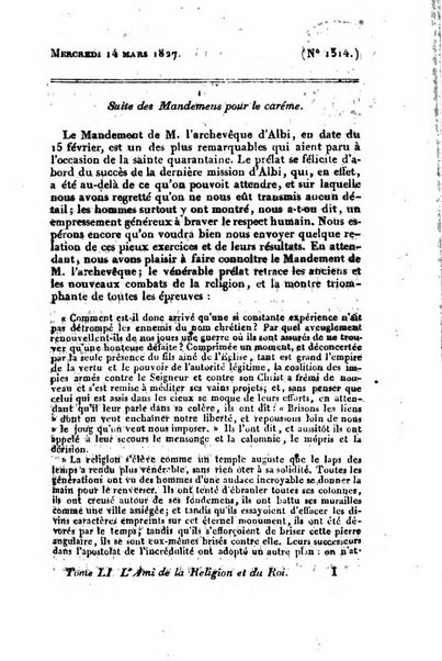 L'ami de la religion et du roi journal ecclesiastique, politique et litteraire