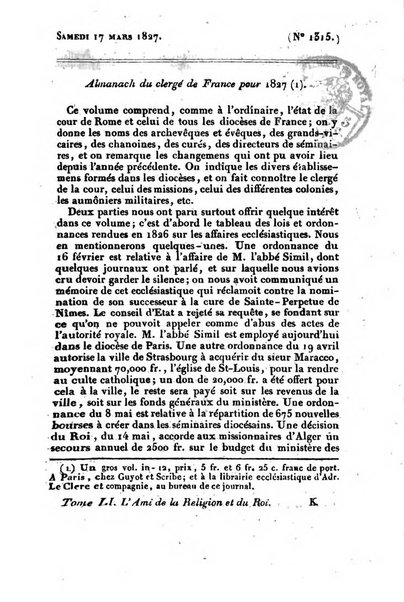 L'ami de la religion et du roi journal ecclesiastique, politique et litteraire