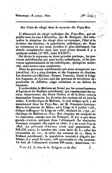 L'ami de la religion et du roi journal ecclesiastique, politique et litteraire