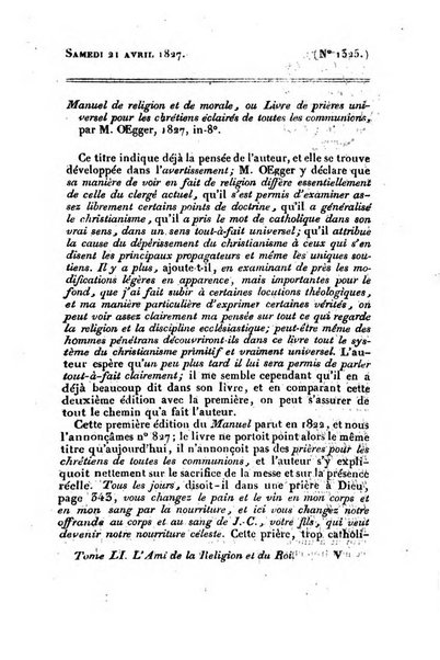 L'ami de la religion et du roi journal ecclesiastique, politique et litteraire