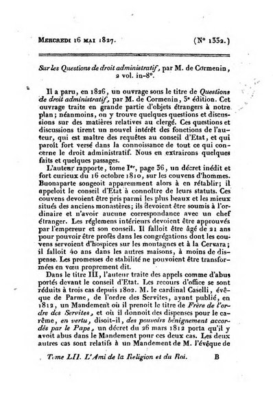 L'ami de la religion et du roi journal ecclesiastique, politique et litteraire