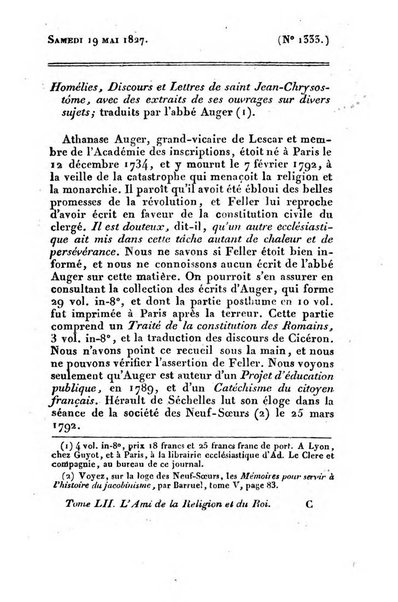 L'ami de la religion et du roi journal ecclesiastique, politique et litteraire