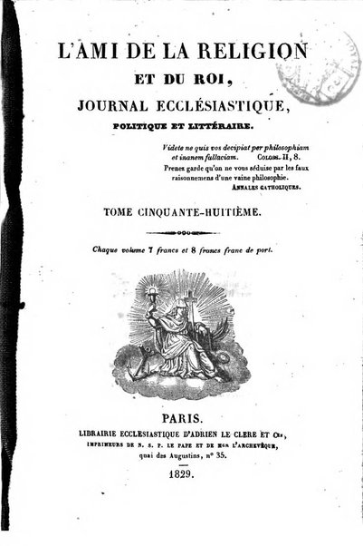 L'ami de la religion et du roi journal ecclesiastique, politique et litteraire