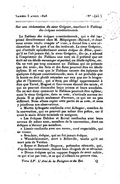 L'ami de la religion et du roi journal ecclesiastique, politique et litteraire