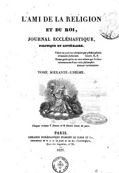 L'ami de la religion et du roi journal ecclesiastique, politique et litteraire