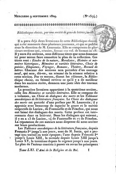 L'ami de la religion et du roi journal ecclesiastique, politique et litteraire