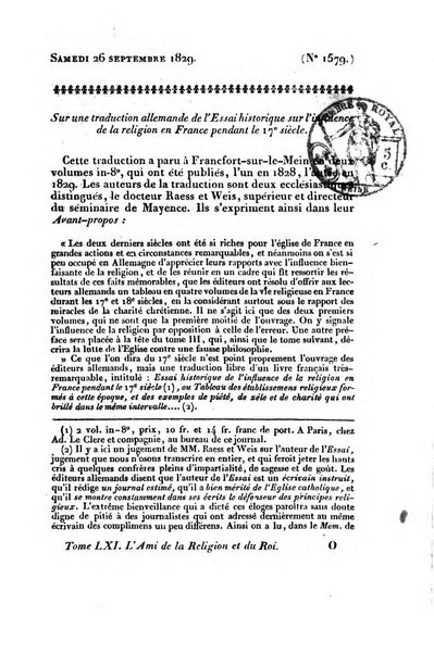 L'ami de la religion et du roi journal ecclesiastique, politique et litteraire