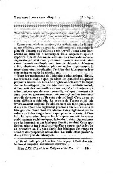 L'ami de la religion et du roi journal ecclesiastique, politique et litteraire