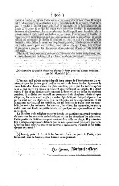 L'ami de la religion et du roi journal ecclesiastique, politique et litteraire