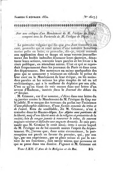 L'ami de la religion et du roi journal ecclesiastique, politique et litteraire