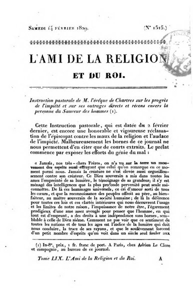 L'ami de la religion et du roi journal ecclesiastique, politique et litteraire